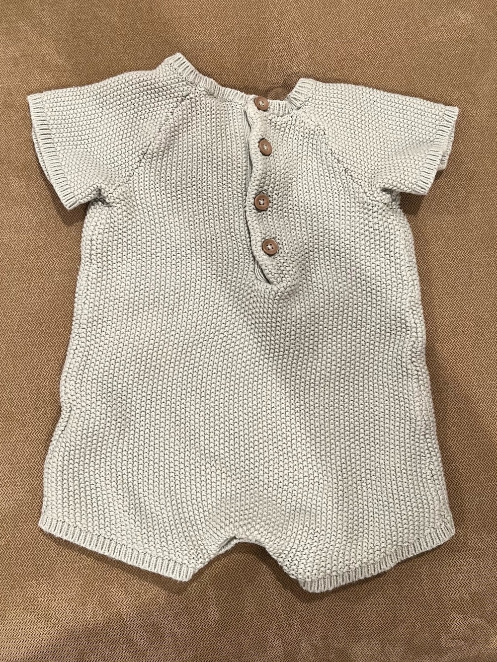 Hand-Knit Light Light Green Baby Romper with Wooden Buttons